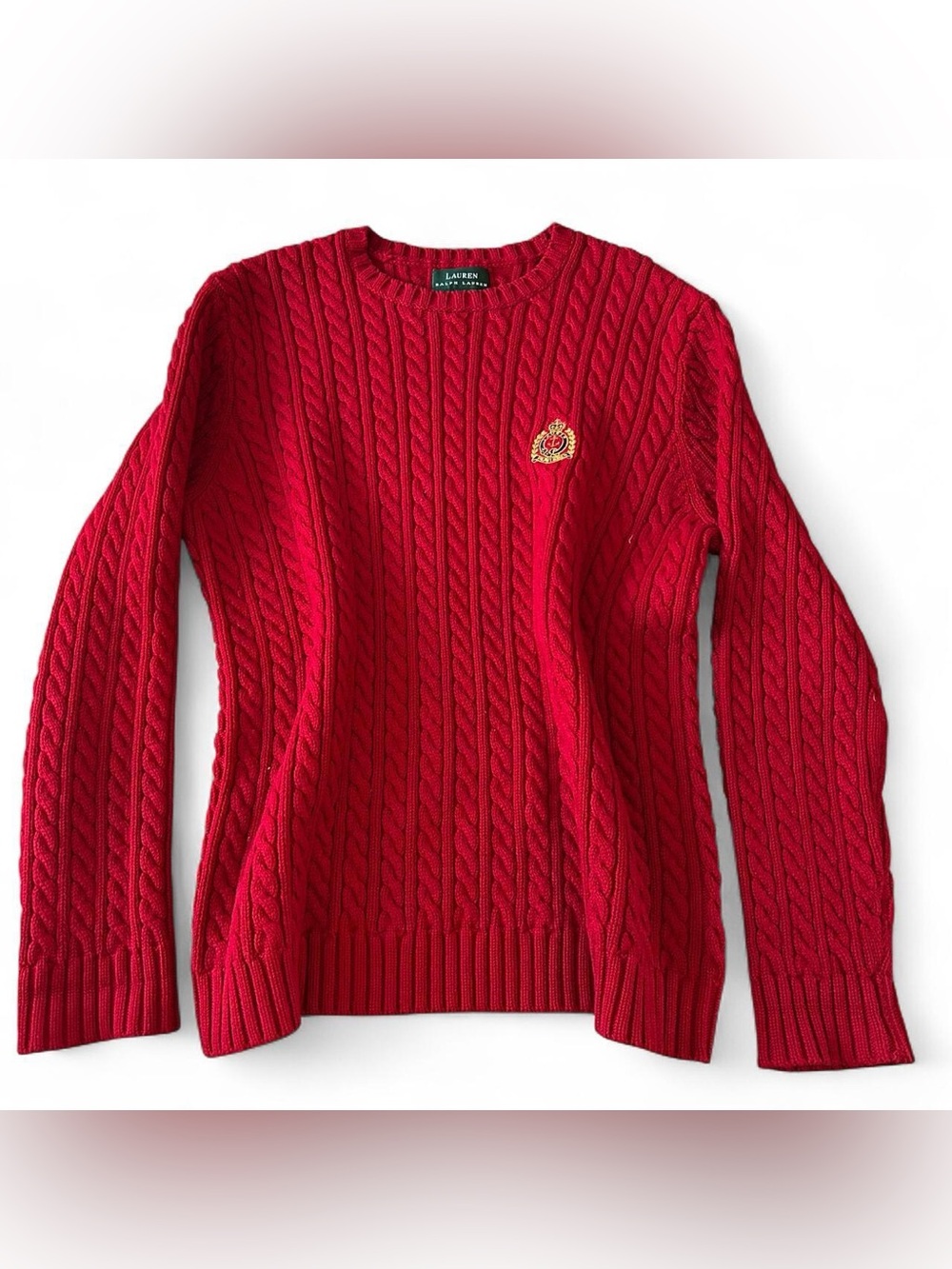 Lauren Ralph Lauren Red Cable Knit Crewneck Sweater with Crest